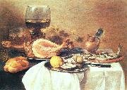 Pieter Claesz A ham, a herring, oysters, a lemon, bread, onions, grapes and a roemer France oil painting artist